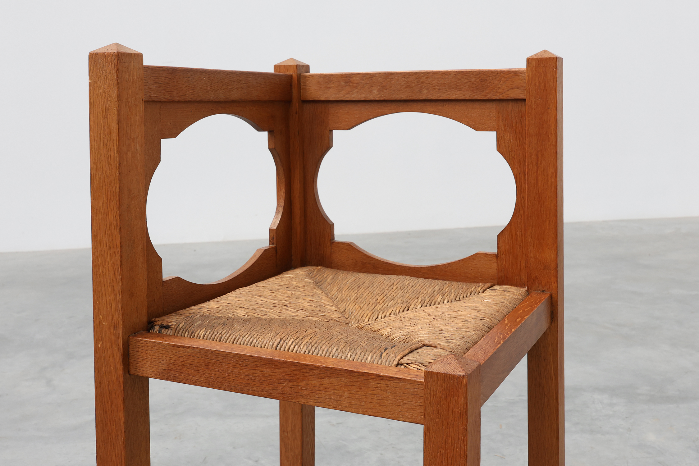 Art Deco Oak Corner Chair with Cut‑Out Backrest and Rush Seat, Belgium, circa 1920thumbnail